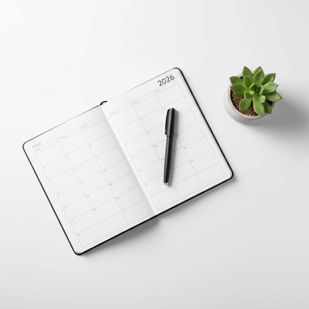 깨끗한 나무 책상 위에서 2026년 플래너에 글을 적고 있는 모습