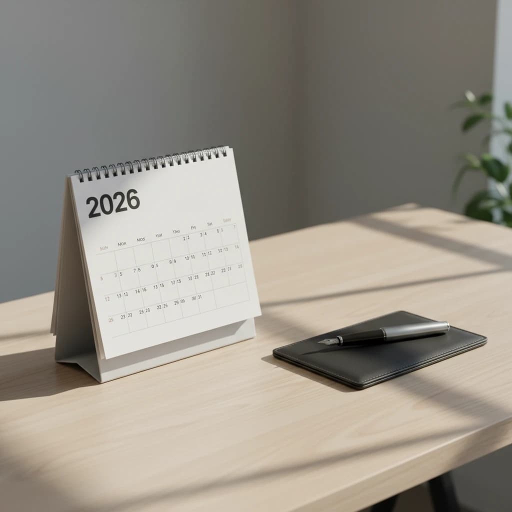 깨끗한 2026년 달력과 나무 책상 위의 미니멀한 플래너