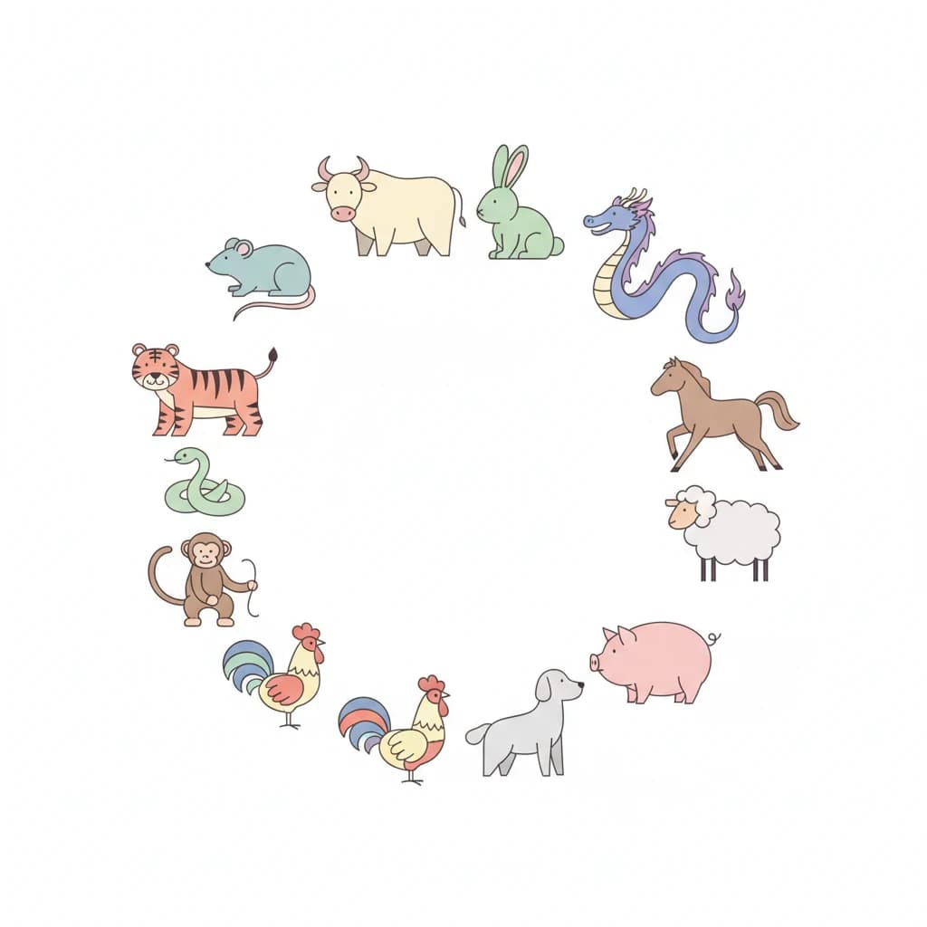 12 minimalist animal icons arranged in a clean, modern circle